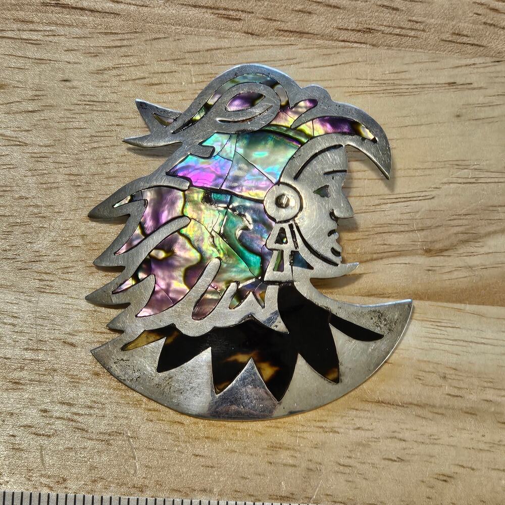 Taxco Mexico Sterling Silver and Abalone Aztec Warrior Chieftan Brooch & Pendant